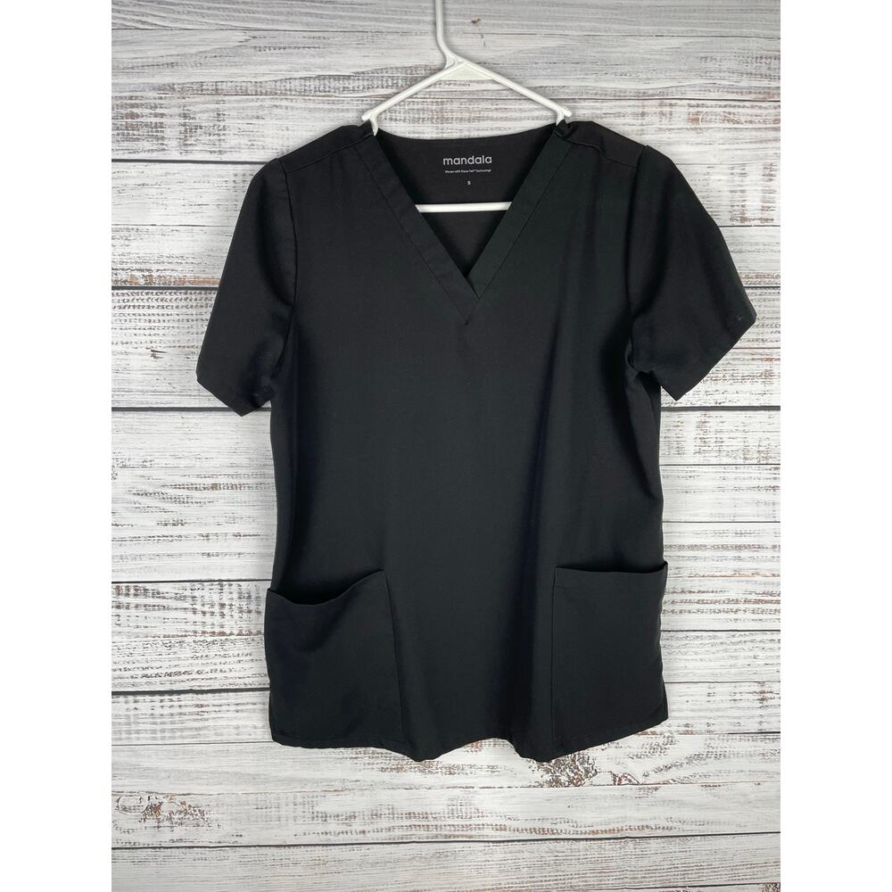 Mandala Black Vneck Scrub Top Small Pockets Stretch Nurse Medical Classic Solid